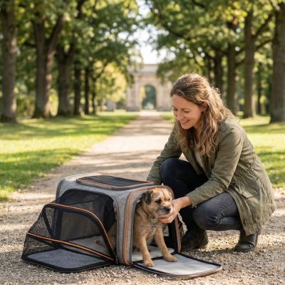 femme border terrier allee parc sac de transport pour chien extensible