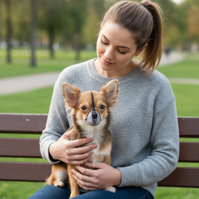 femme chihuahua poil long museliere pour chien pied de poule parc banc