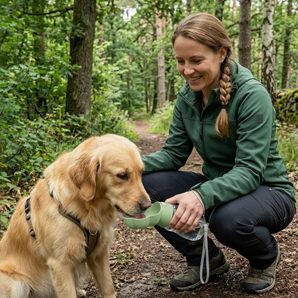 gourde chien vert golden retriever foret femme