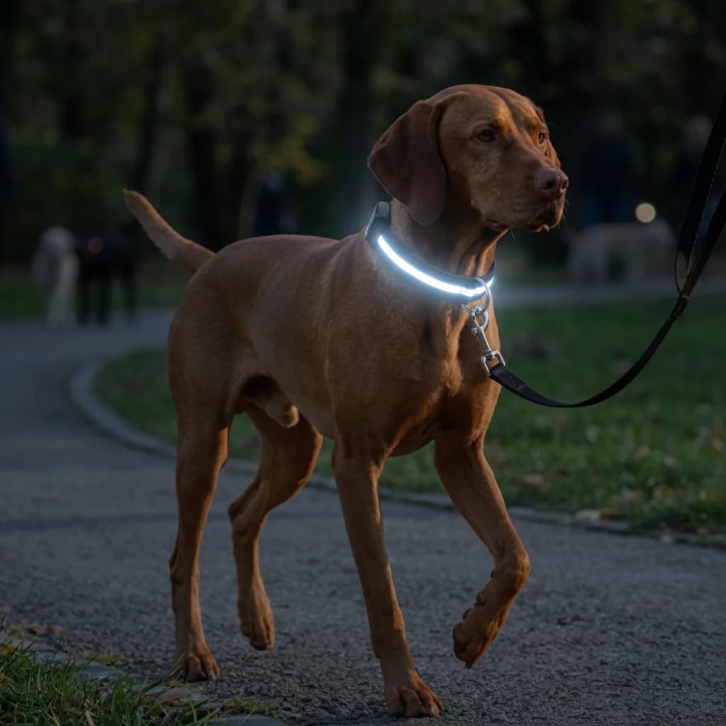 vizsla en balade parc nuit collier lumineux chien led reflechissant