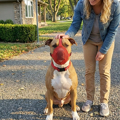 american staffordshire museliere chien maille rouge allee maison