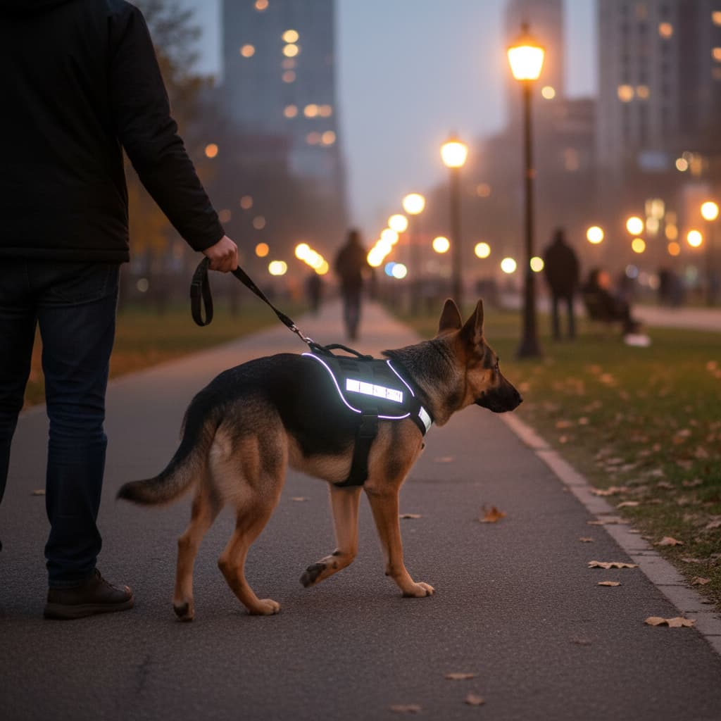 berger allemand harnais chien militaire noir bandes reflechissantes soir