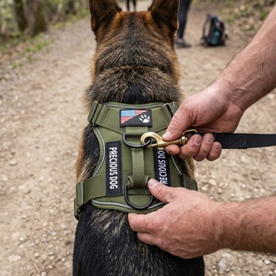 berger allemand laisse attachee au harnais vert armee chien 