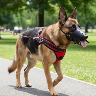 berger allemand parc museliere pour chien cuir souple noir harnais rouge