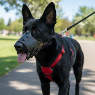 berger belge noir parc museliere pour chien cuir souple noir harnais rouge