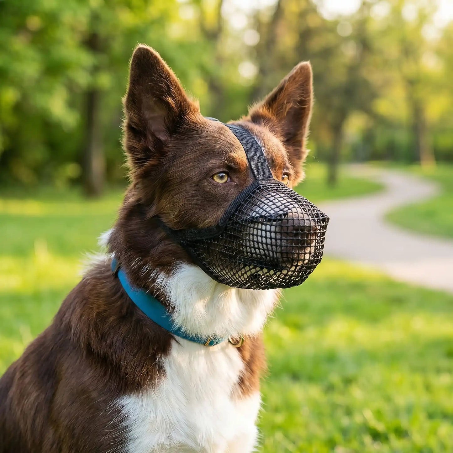 border collie museliere chien maille noire respirante parc allee