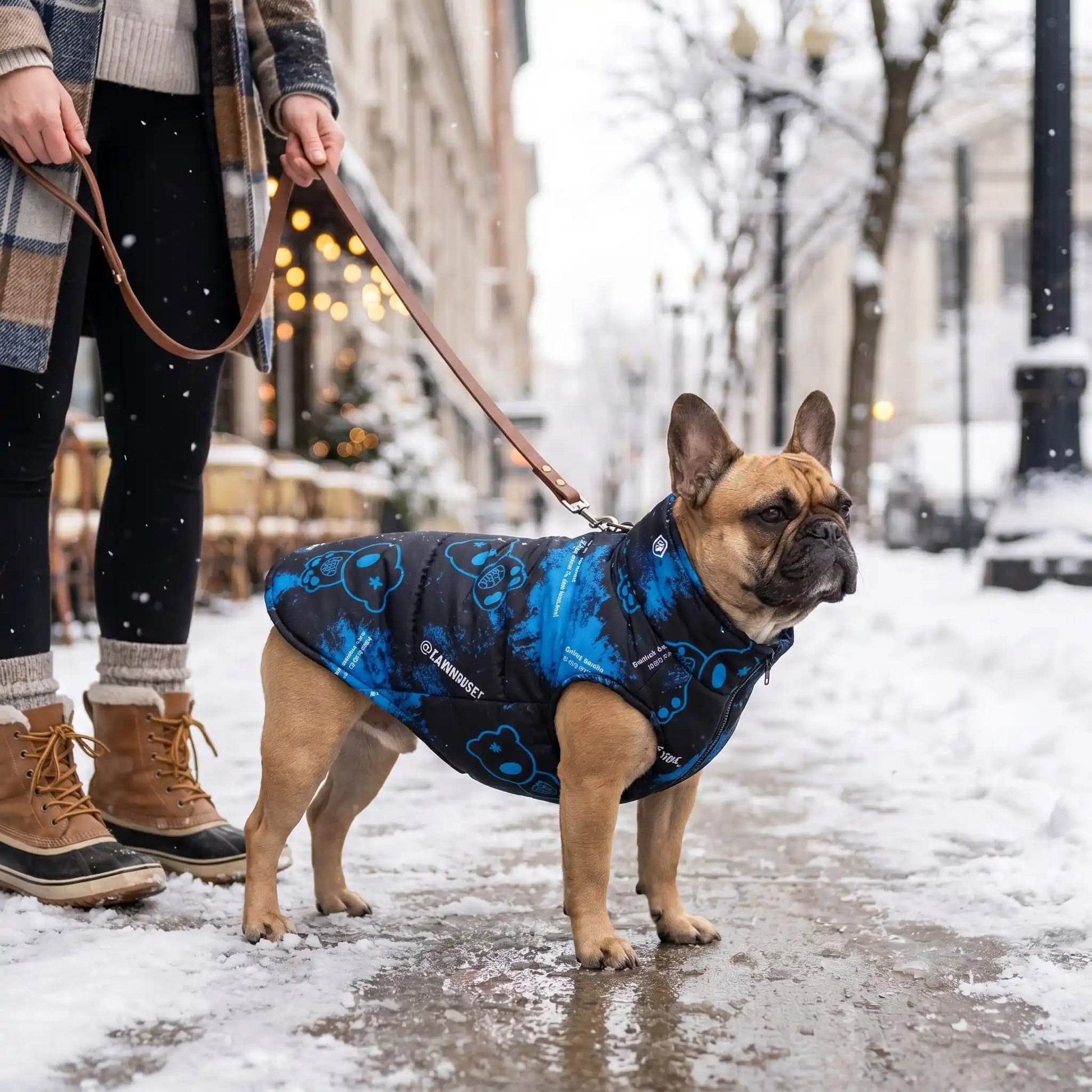bouledogue francais manteau chien impermeable hiver bleu marine neige ville