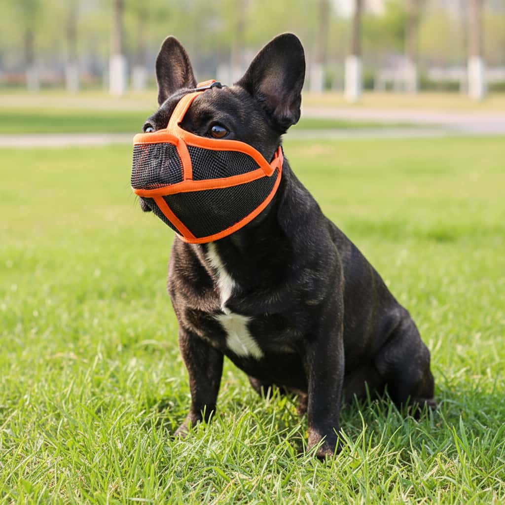 bouledogue francais noir museliere pour chien museaux courts orange maille respirante parc