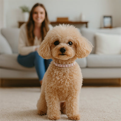 caniche beige assis sur tapis portant un collier chien perles rose dore strass