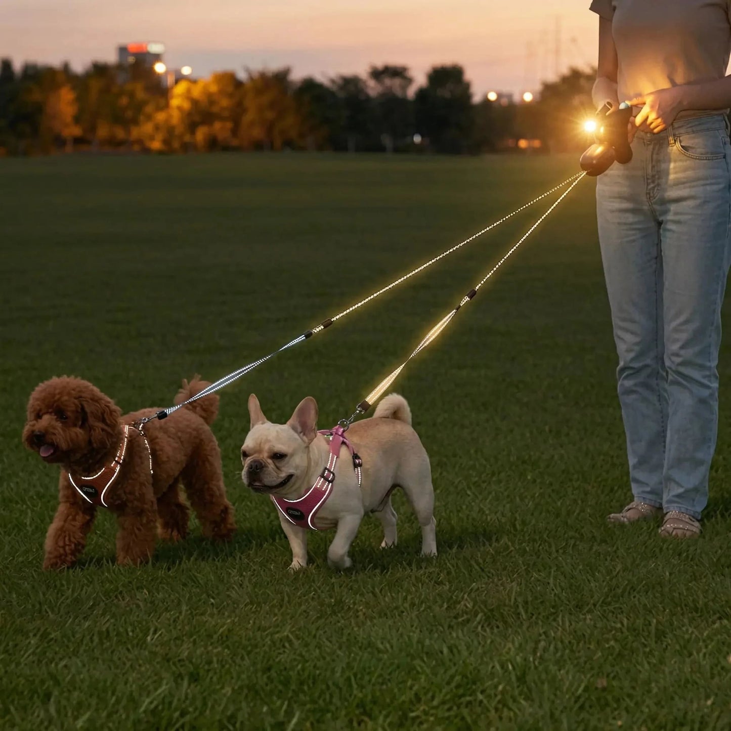 caniche bouledogue francais laisse double pour chien enrouleur led nuit