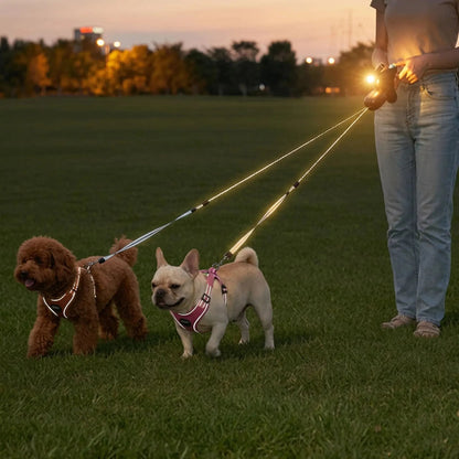 caniche bouledogue francais laisse double pour chien enrouleur led nuit
