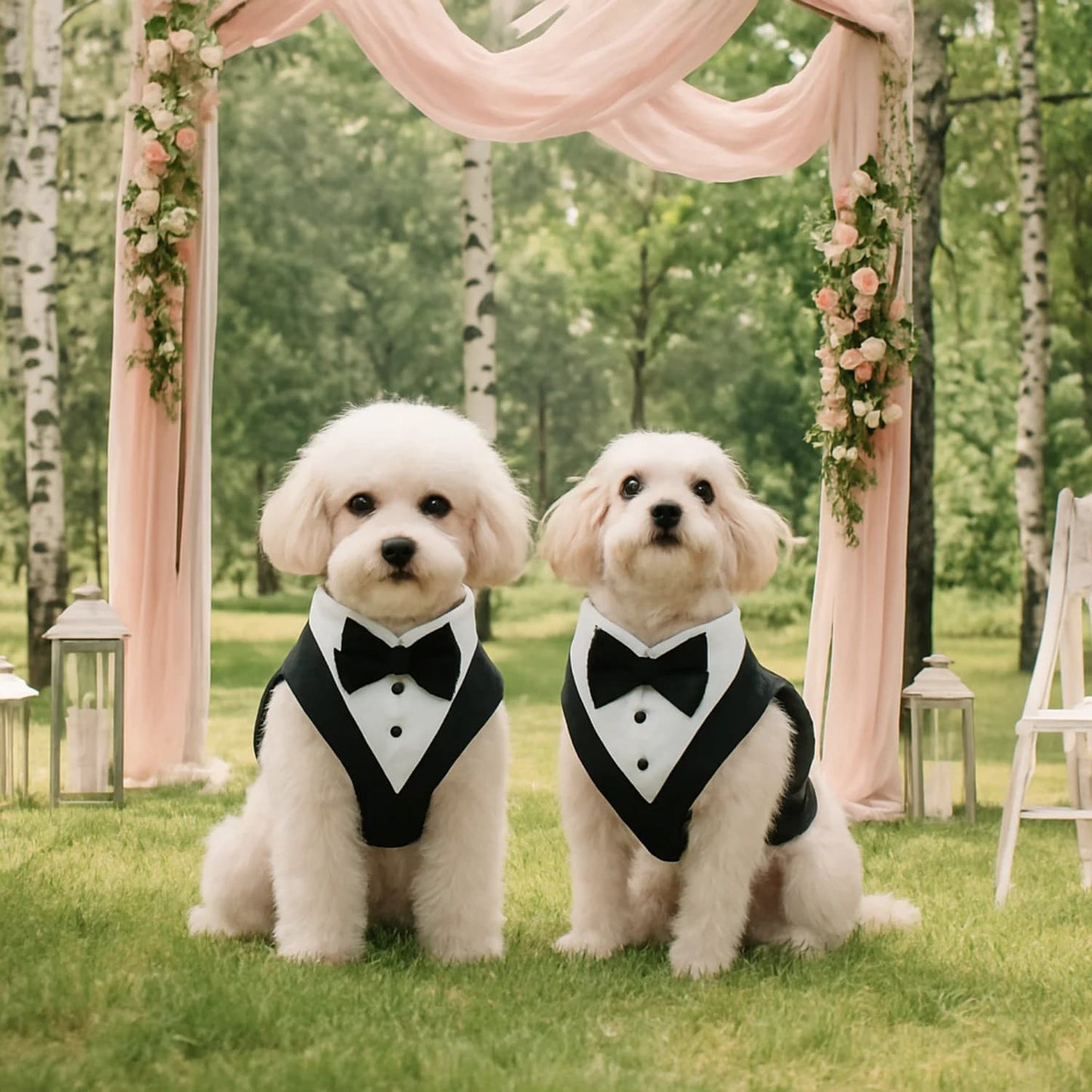 caniches portant harnais chien costume noir mariage