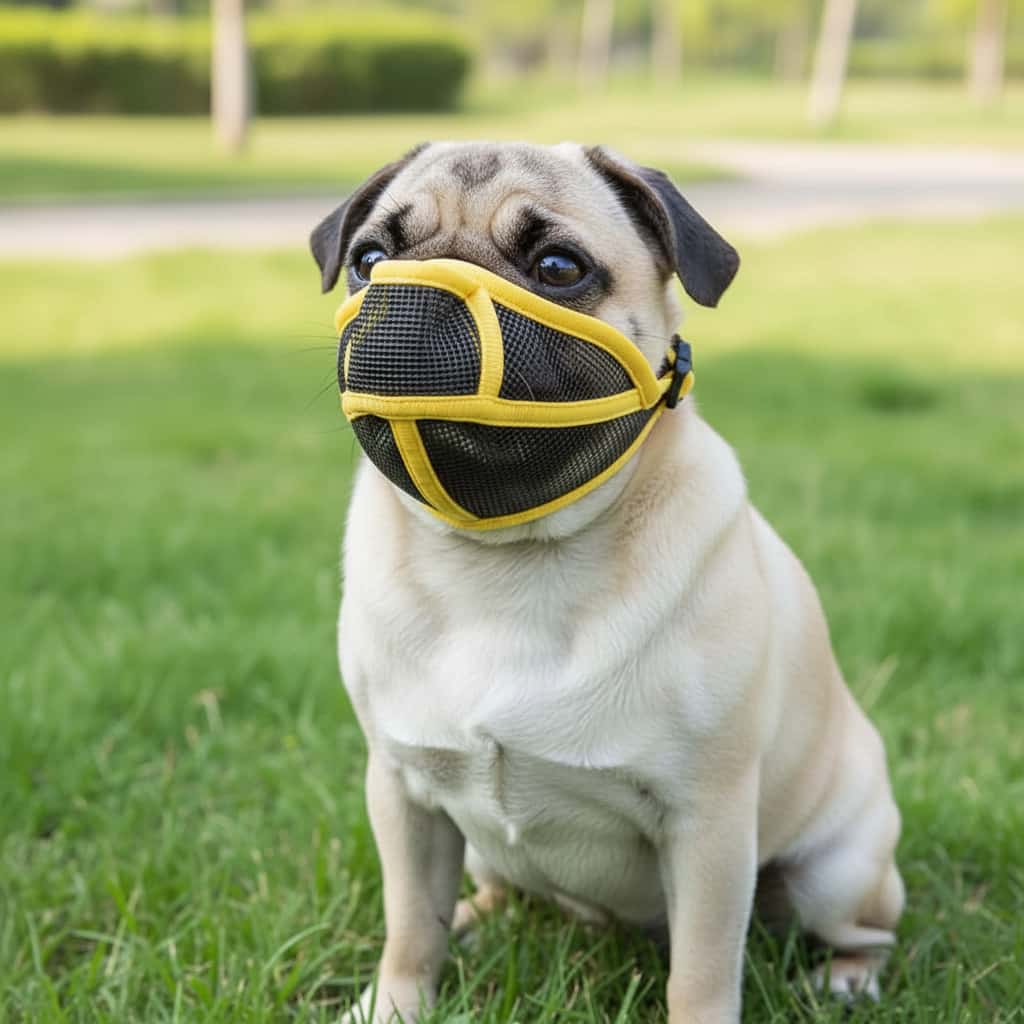 carlin beige museliere pour chien museaux courts jaune maille respirante herbe