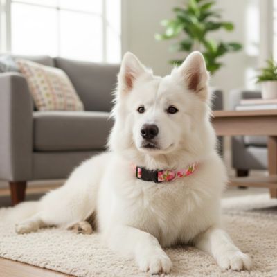chien blanc couche en interieur avec un collier chien reglable motif floral rose
