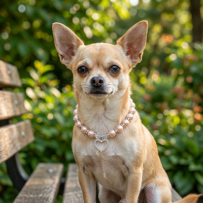 chihuahua en parc avec collier pour chiot perles strass cœur