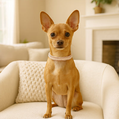 chihuahua fauve assis sur canape portant un collier chien perles strass blanc argent
