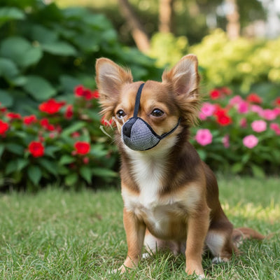 chihuahua museliere pour chien pied de poule jardin fleurs