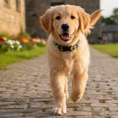 chiot golden retriever courant avec un collier chien reglable motif os