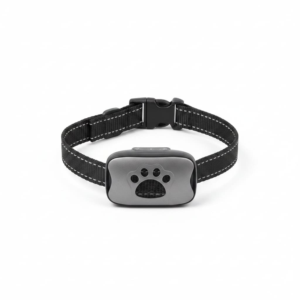 collier anti aboiement a ultrasons gris fond blanc