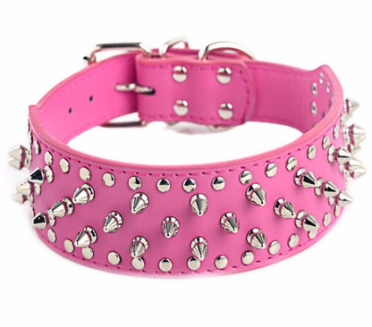 collier chien a pointes rose fuchsia cuir pu rivets argentes fond blanc