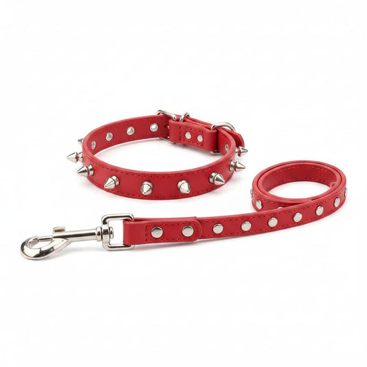 collier laisse chien cloute cuir pu rouge fond blanc