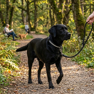 Labrador noir en forêt portant un collier lumineux chien led blanc imperméable