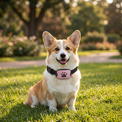 corgi souriant dans un parc portant un collier de dressage chien rose vibration douce