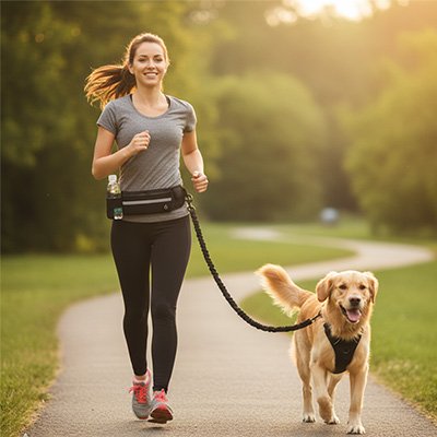 dame court avec golden retriever laisse canicross