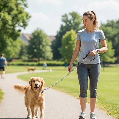dame marche son golden retriever avec laisse pour chien 
