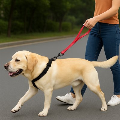 dame marche son labrador avec laisse chien rouge