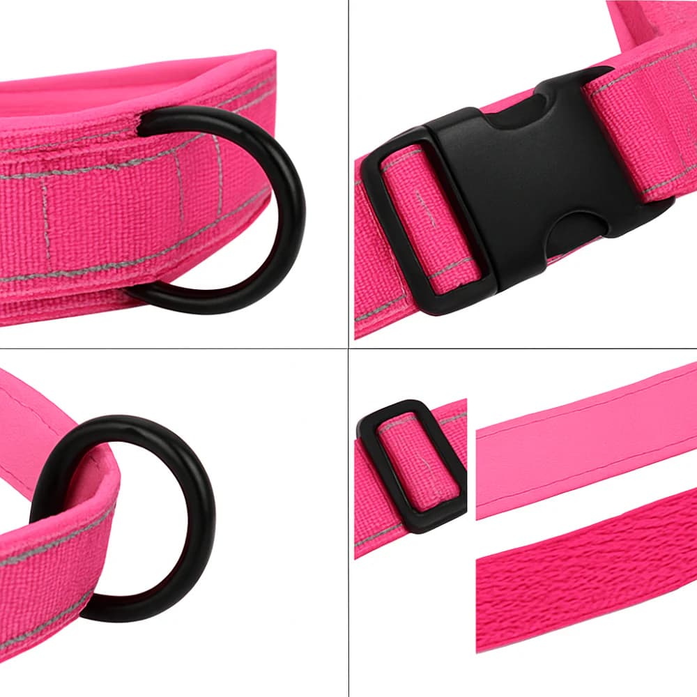 detail harnais pour chien rembourre reflechissant rose vif anneau boucle liberation rapide