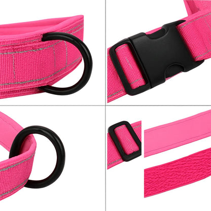 detail harnais pour chien rembourre reflechissant rose vif anneau boucle liberation rapide