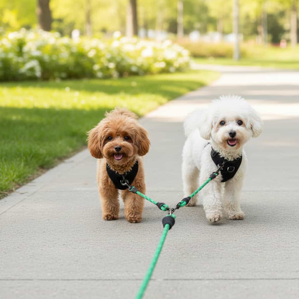 deux petits chiens brun blanc laisse double pour chien vert
