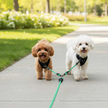 deux petits chiens brun blanc laisse double pour chien vert