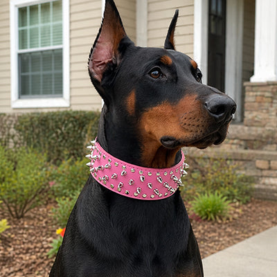 dobermann avec un collier chien a pointes fuchsia rivets argentes