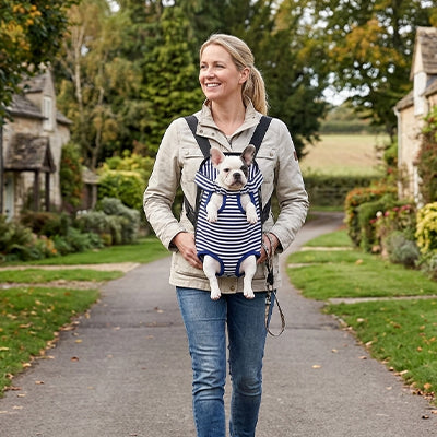 femme allee campagne bouledogue francais sac de transport chien raye porte devant
