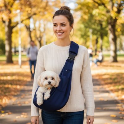 femme avec bichon frise sac transport pour chien bandouliere bleu marin automne