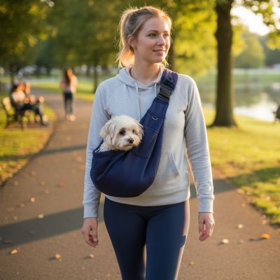 femme avec bichon maltais sac transport pour chien bandouliere bleu  marin parc