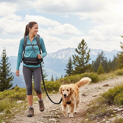 femme avec chien laisse canicross montagne