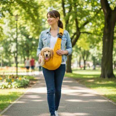 femme avec golden retriever chiot sac transport pour chien bandouliere jaune allee