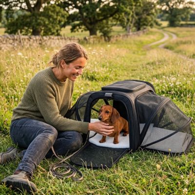 femme avec teckel sac de transport noir pour chien champ