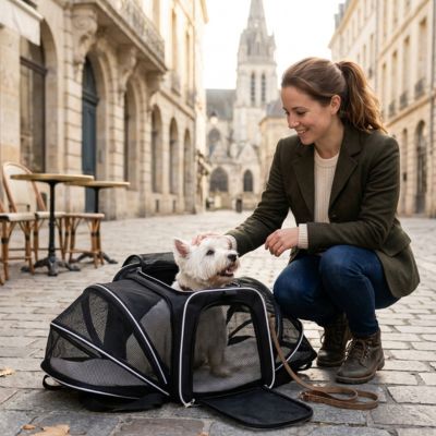 femme avec west highland terrier sac de transport blanc pour chien blanc place ville