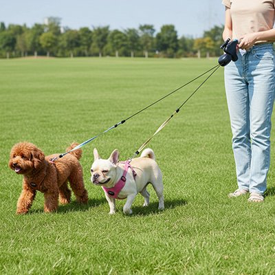 femme balade ces chiots avec laisse double pour chien