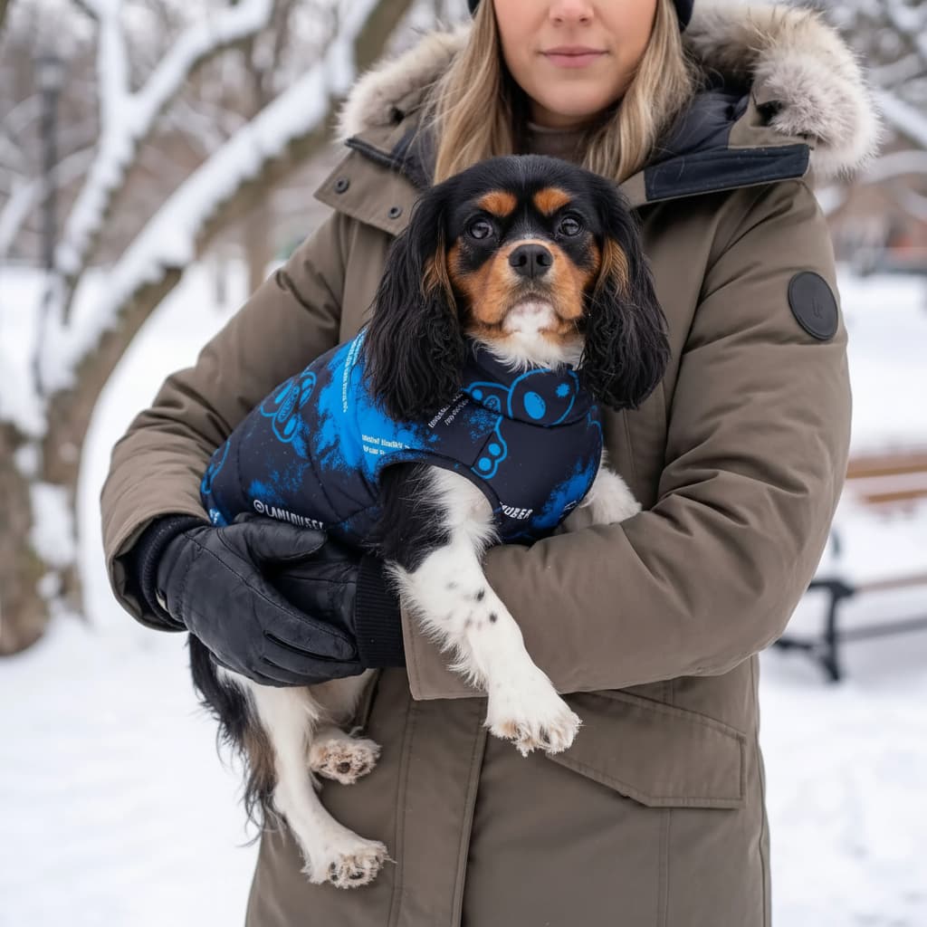 femme cavalier king charles manteau chien impermeable hiver bleu marine neige
