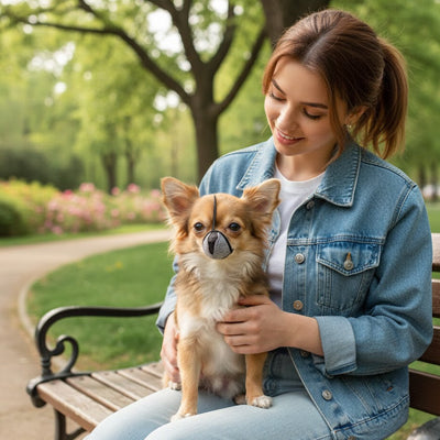 femme chihuahua museliere pour chien pied de poule parc banc
