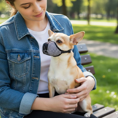 femme chihuahua museliere pour chien pied de poule parc veste jean