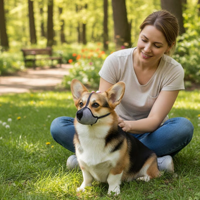 femme corgi museliere pour chien pied de poule parc herbe