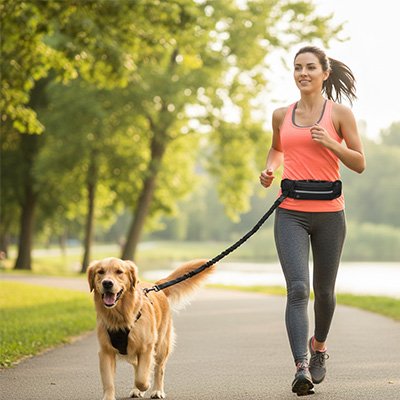 femme coure laisse canicross parc