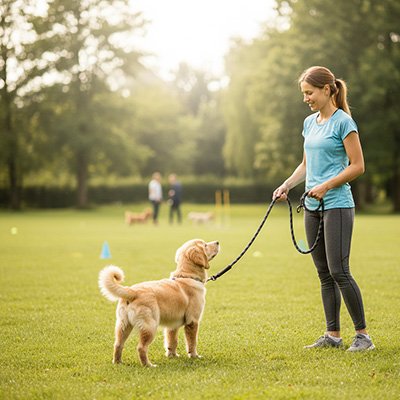 femme entraine chiot au parc avec longe pour chien noir