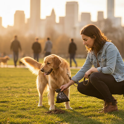femme golden retriever coucher de soleil sac a crotte pour chien biodegradable distributeur promenade